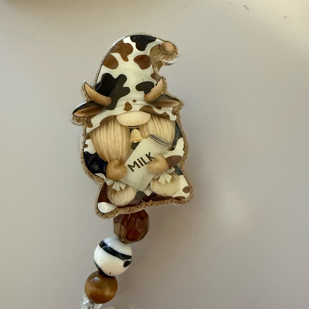 Badge Reel Cow Print Gnome Holding Milk Bottle‎